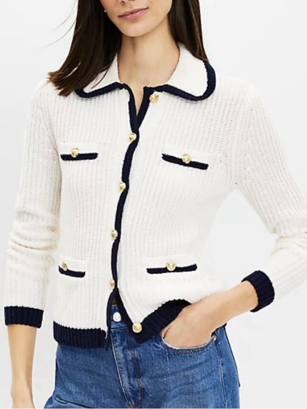 LOFT WOMENS TIPPED RIBBED BUTTON DOWN SWEATER CREAM NAVY SMALL